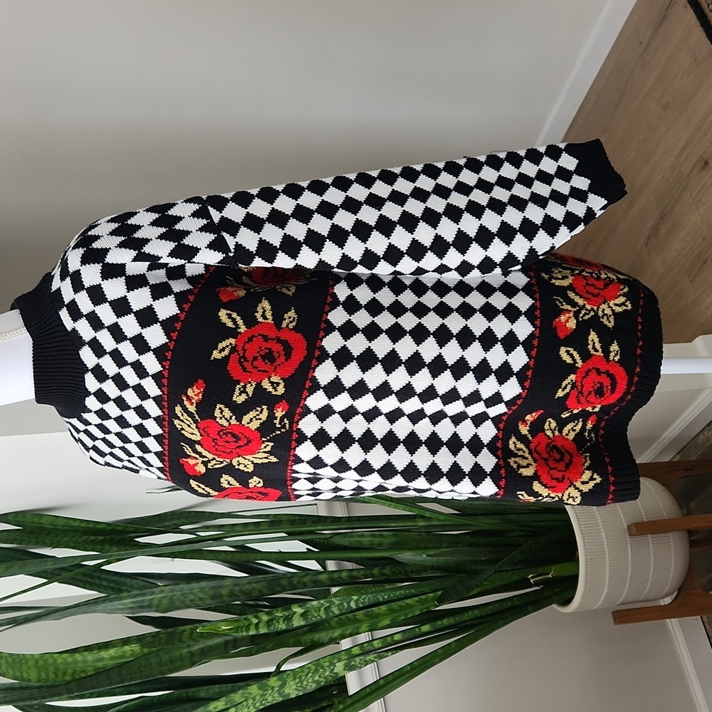 Trimmings Floral Checkered Knitted Pattern Sweater sz L - Picture 4 of 11